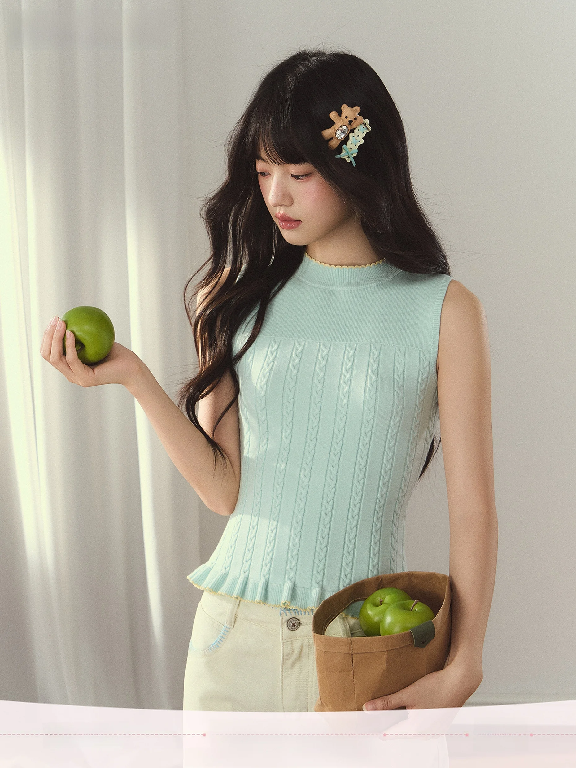 

Вязаный жилет Umoumo Sweet Color Collision Wave с кружевной отделкой, облегающий пуловер с круглым вырезом, короткий топ H-образной формы для девочек