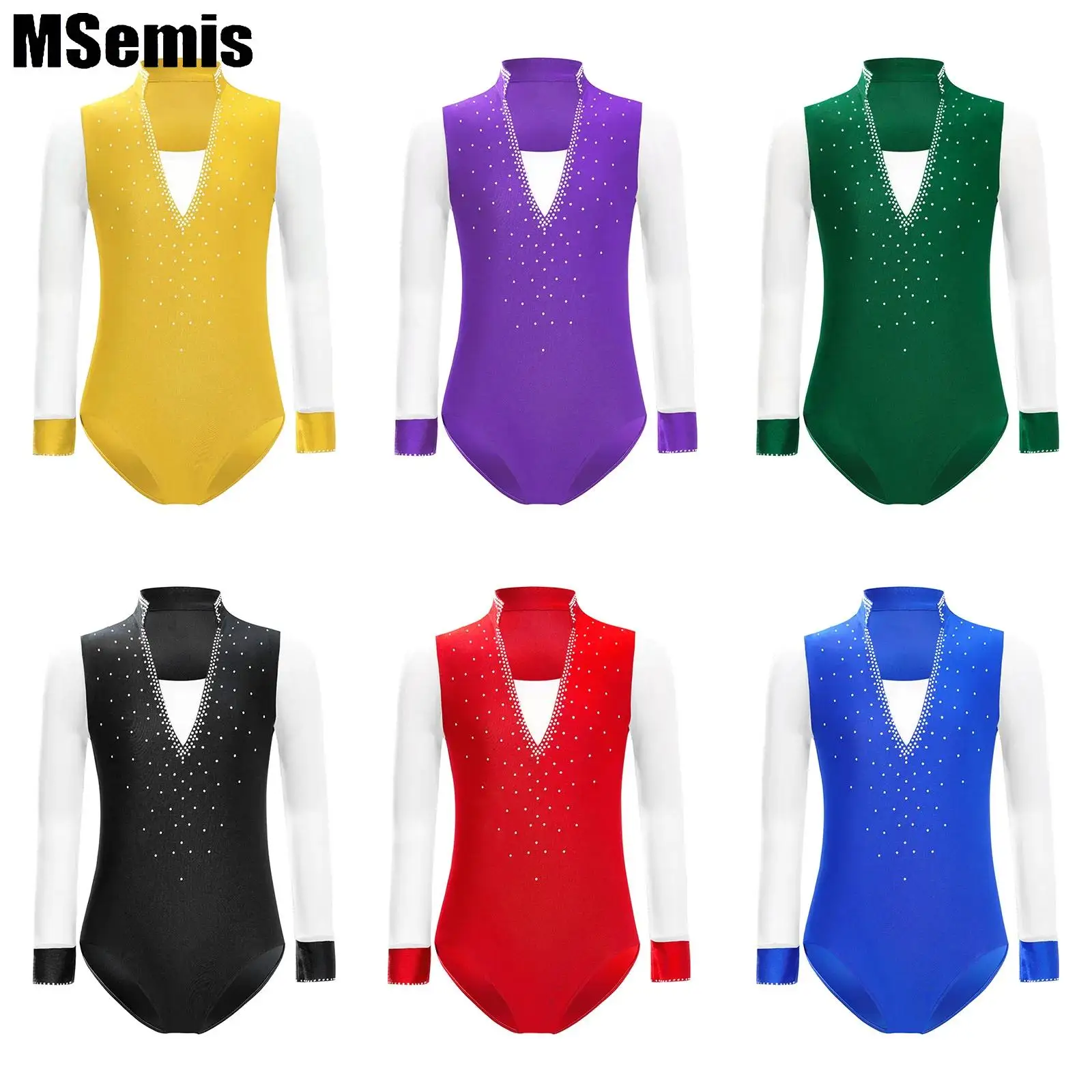 

Kids Boys Figure Skating Leotard Sheer Mesh Long Sleeve Shiny Rhinestones Leotard for Dancewear Performance Competition
