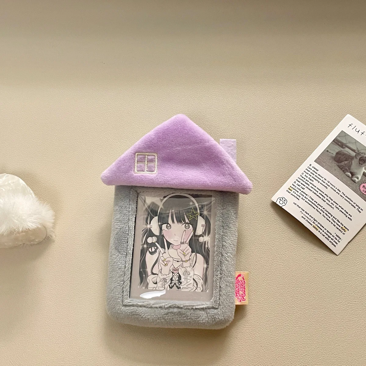 MINKYS Kawaii House Shape Fluffy 3 inch Kpop Photocard Holder Photo Card Holder Bag Pendant School Stationery