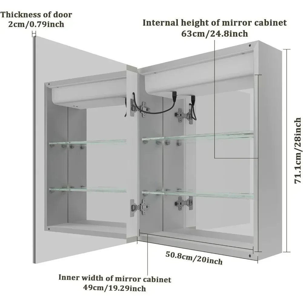 Bathroom Medicine Cabinet with Mirror Wall Mounted LED Bathroom Mirror Cabinet with Lights Cold White Light Inductive