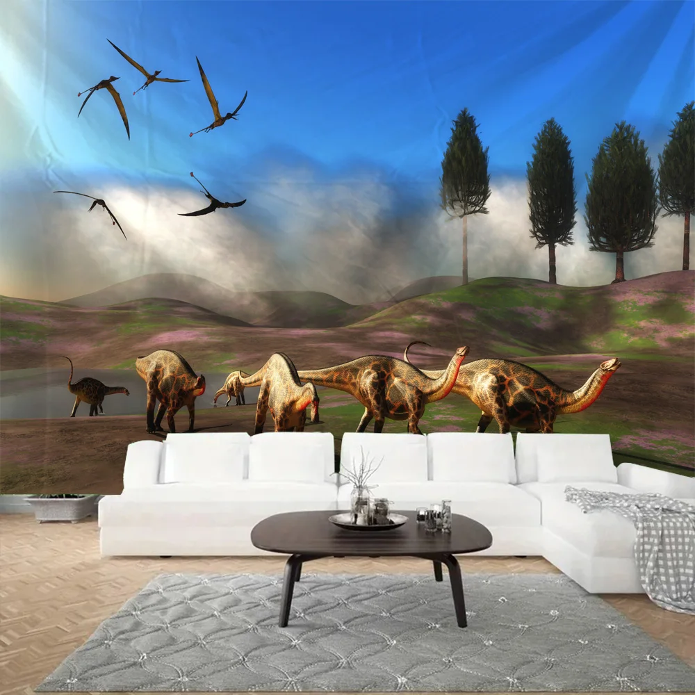 Dinosaur Forest Wall Tapestry, Hippie Home Decor Wall Hanging, Bohemian Style Living Room Bedroom Office Fabric Mural