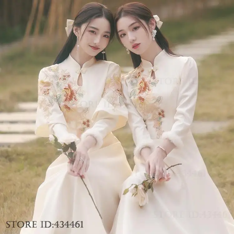 

Осень-зима, длинное платье Ципао Cheongsam в китайском стиле с вышивкой, женское платье трапециевидной формы макси, торжественное платье для женщин