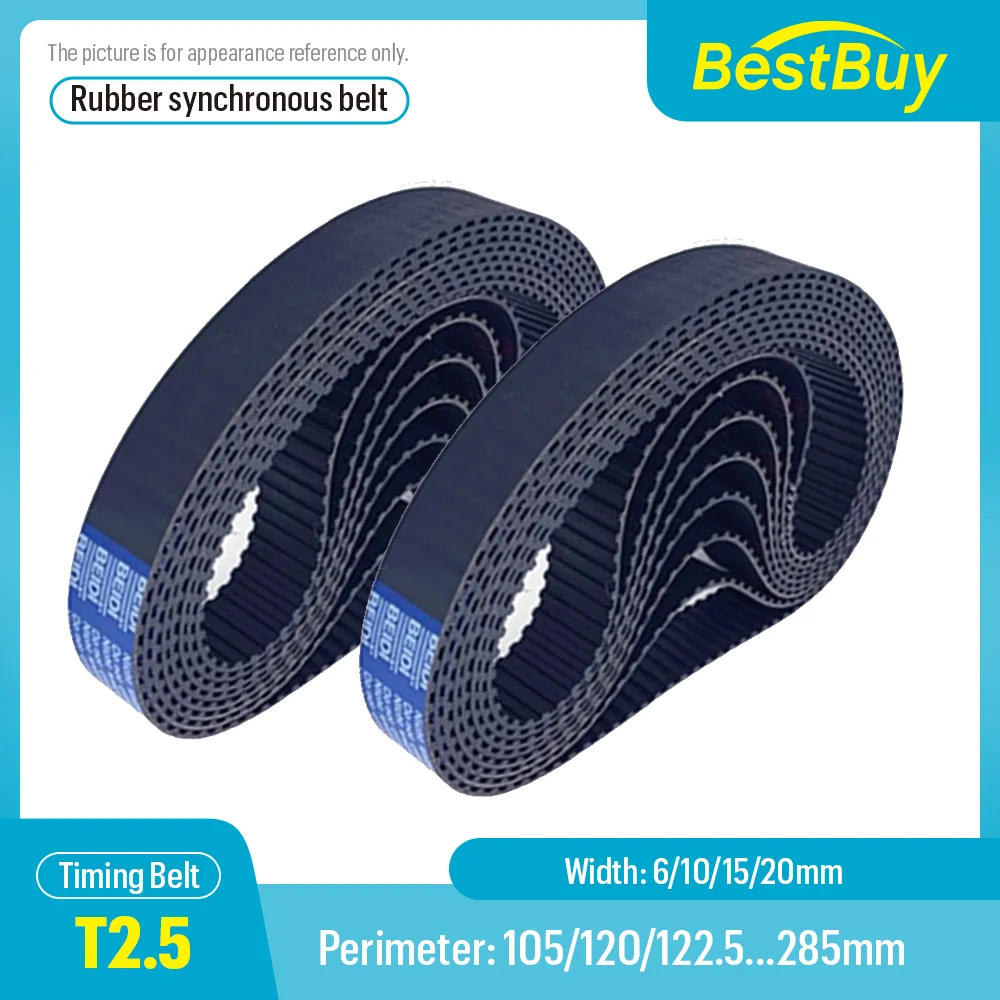 

T2.5 Rubber Closed Loop Synchronous Belt Perimeter 105-285mm Pitch 2.5mm Width 6/10/15/20mm Trapezoidal Tooth Timing Belt
