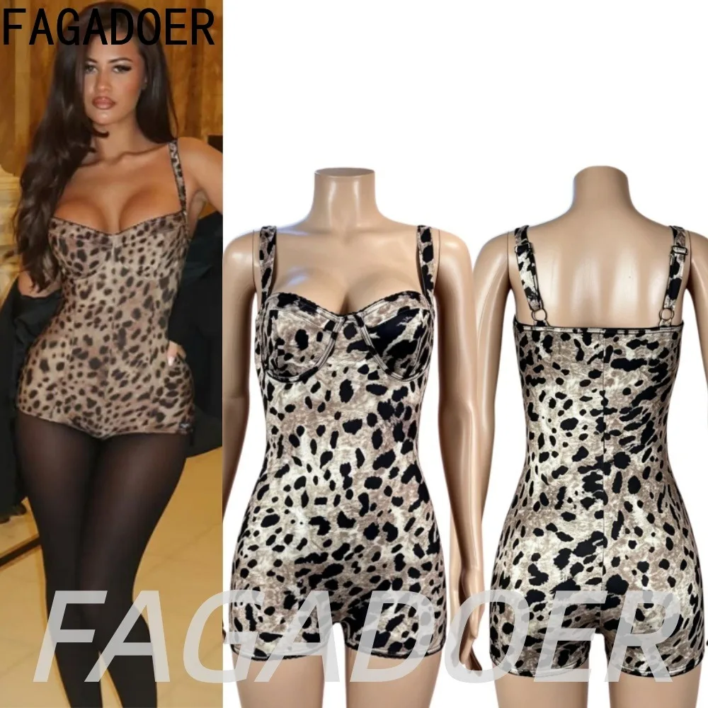 FAGADOER Women Vintage Leopard Print Bodycon Rompers Sexy Adjustable Off Shoulder Skinny Jumpsuits Streetwear Party Playsuits