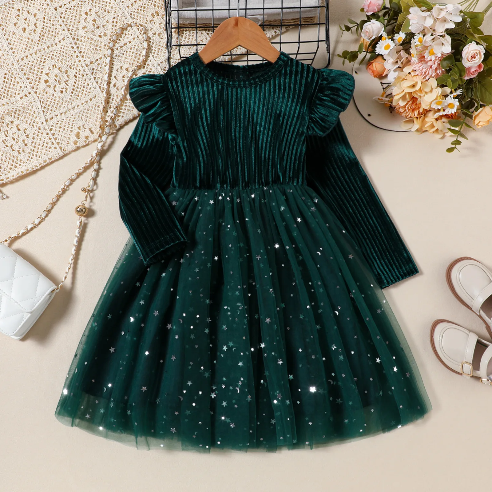 2024 Autumn Baby Dress Solid Color Ruffle Long Sleeve Lace Tulle Costume Star Sequined Party Princess Ball Gown