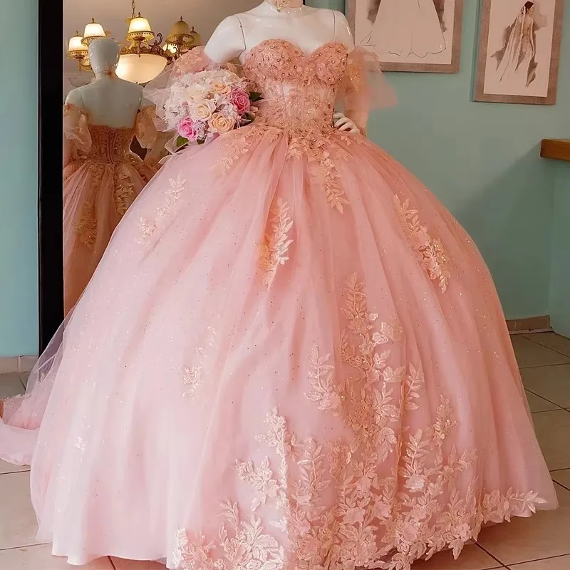 ANGELSBRIDEP Glittering Blush Pink Quinceanera Dresses Puffy Sleeves Beading Lace Vestidos De 15 Anos Birthday Party Customized