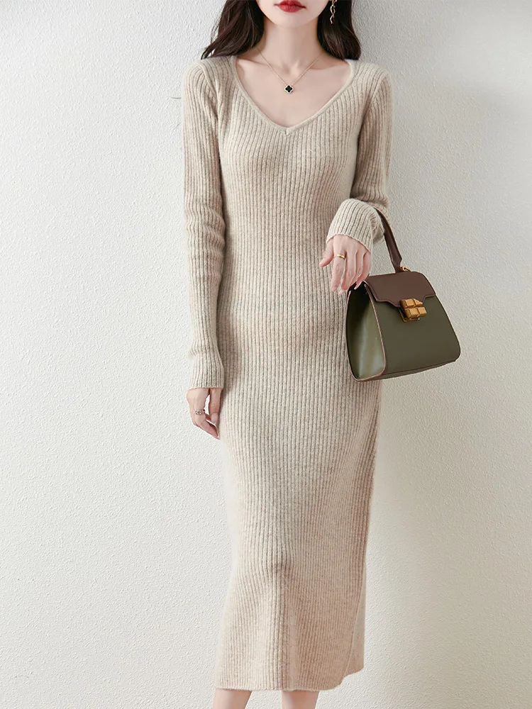 Jurken Herfst Winter Dames Sweetheart Hals Trui 100% Merinowol Truien Grace Casual Lange Trui Effen Kleur Lui 2025