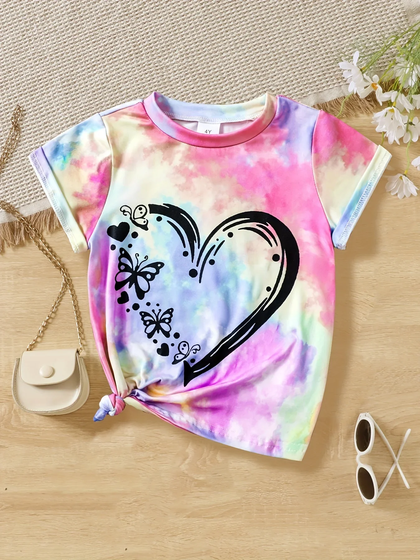 

Hot Children's Girls O Collar T-shirt Heart Butterfly 3d Printed Short Sleeve T-shirt Children Fashion Street Summer Men's and W