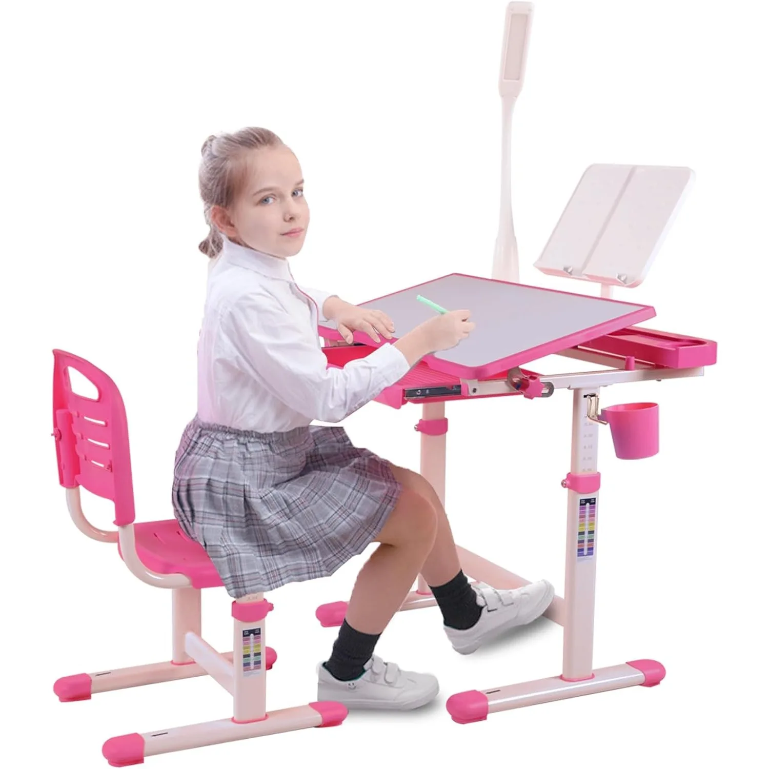 Conjunto de mesa e cadeira infantil, conjunto de mesa de arte infantil com altura ajustável, tampo de mesa com inclinação de 40 graus, luzes LED, estante