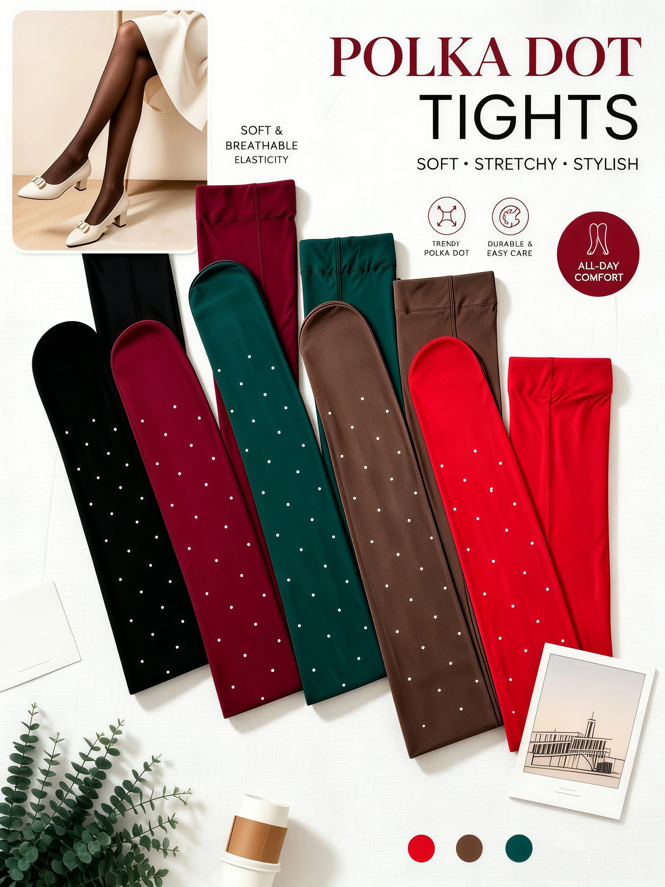 5 Pairs Retro Tiny Polka Dot Colorful Tights Silky Smooth Buttery Soft Fabric High Stretch Ideal for Commuting Dates Street