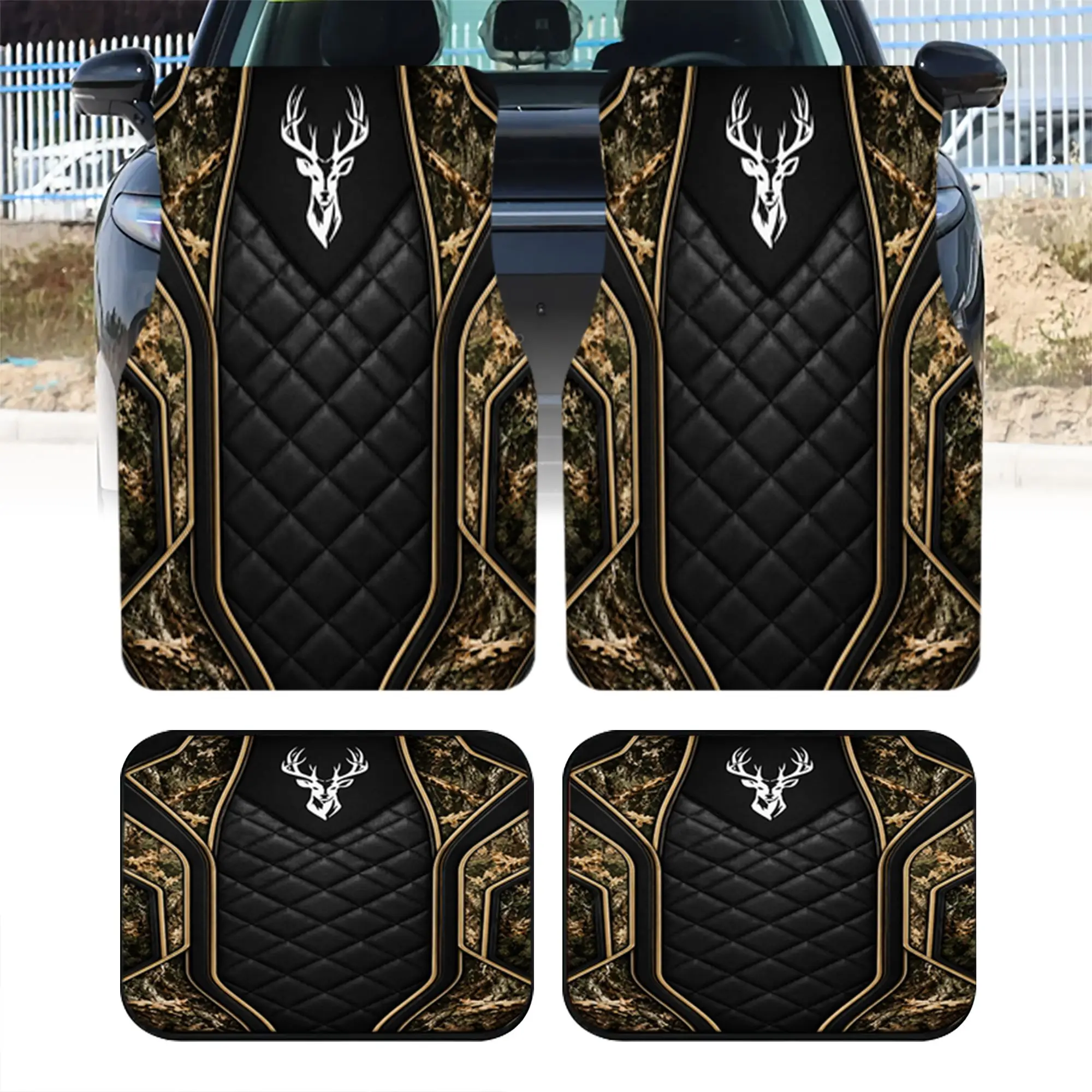 2pcs/4pcs Polyester Fiber Universal Car Floor Mats, Deer Head Camo Print Design, Trendy Interior Decor, Stylish Auto Ground Pads