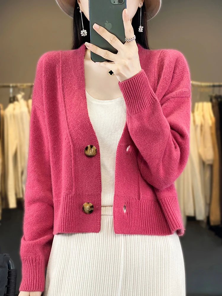 Women New 100% Merino Wool Sweater Coat Short Style V-Neck Cardigan Autumn Winter Solid Color Basic Knitted Jacket Korean Tops - Image 4