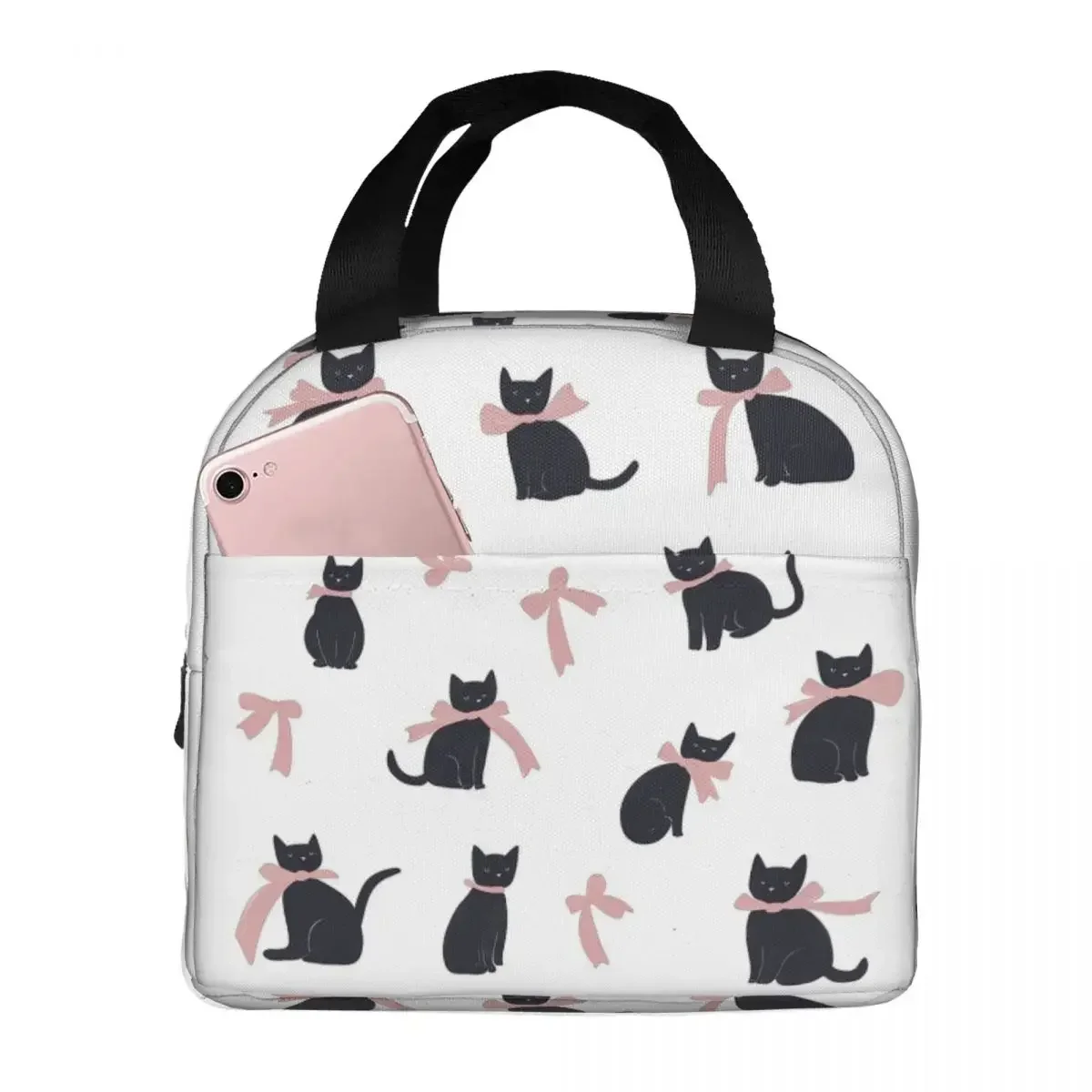 Cute Kitten With Bow Pattern Insulated Lunch Bag for Women Children Portable Food Boxes Thermal Lunch Box Tote