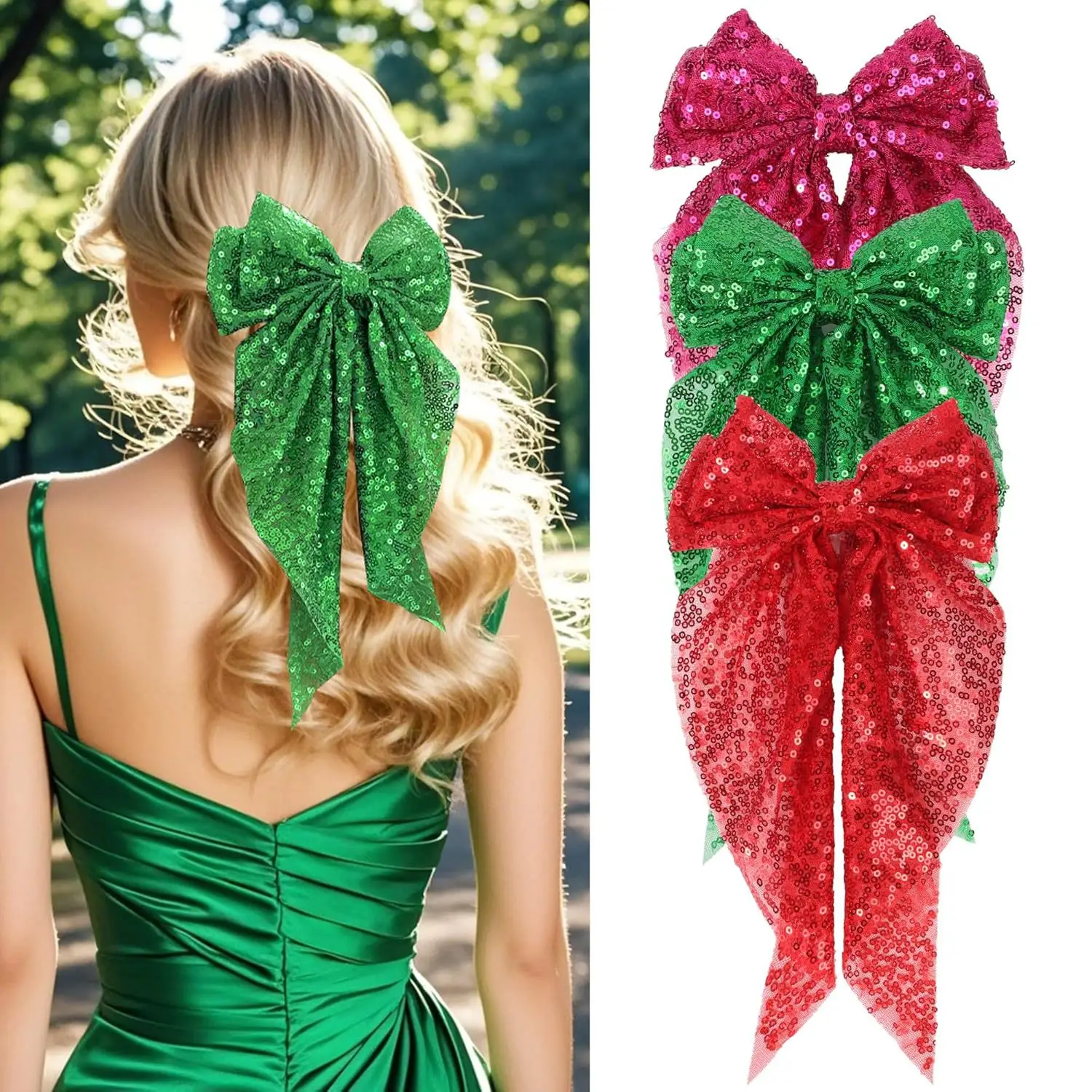 Hair Clip with Sequined Bow and Spring Clasp Fashionable Daily Casual Christmas Party Gift Durable Resin Lightweight