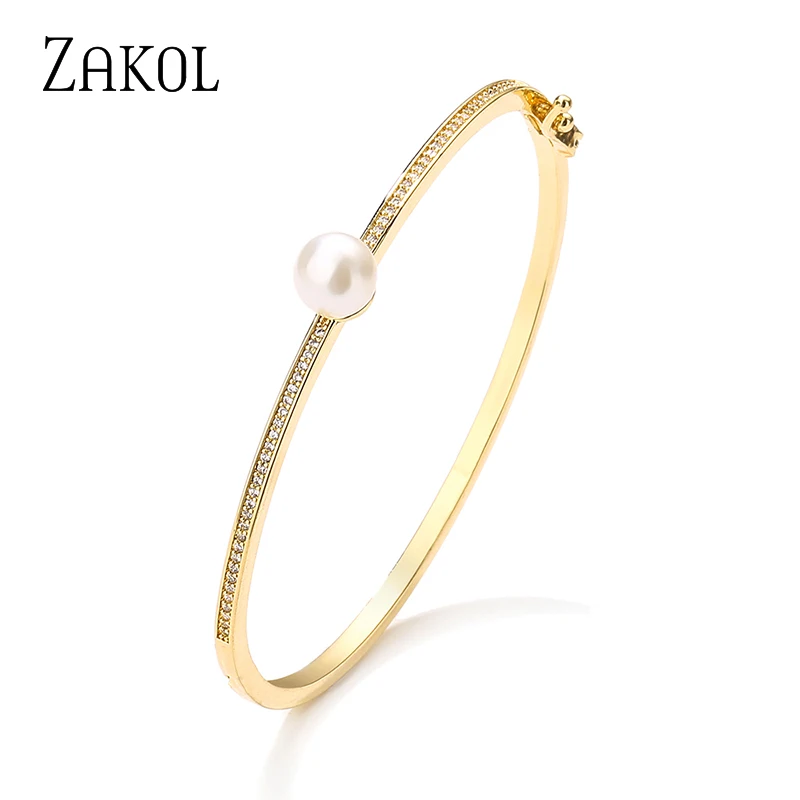 ZAKOL Simple Fashion Zircon Pearl Bangles Bracelets for Women Female Glamour Gold Color Bracelet Party Jewelry BP2233