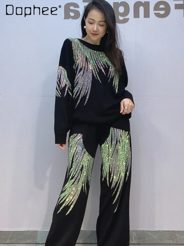 

2024 Autumn New Fashion Diamond Long Sleeve Knitted Sweater Two-piece Sets Women Outfits High-end Casual Wide-leg Pants Set