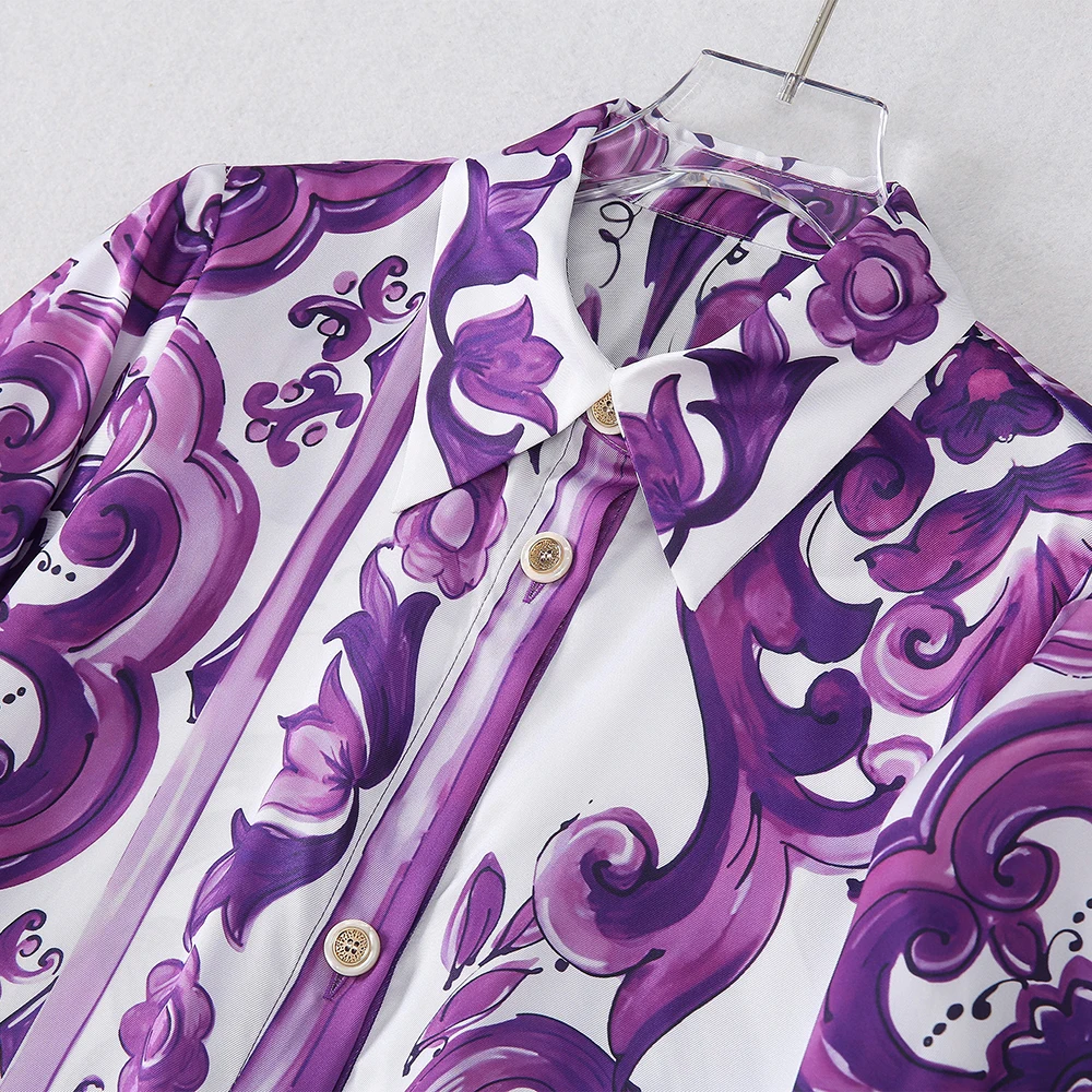 فستان نسائي بفتحة طويلة الأكمام وياقة مقلوبة قميص فضفاض تنورة طويلة موضة طباعة رداء نحيف عالي الخصر فستان واحد الصدر #3