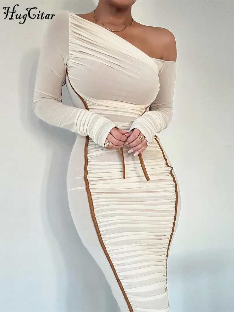 Hugcitar Mesh Solid Diagonal Collar Long Sleeve Draped Sexy See Through Bodycon Maxi Dress Summer Fashion Clothes Festival Club