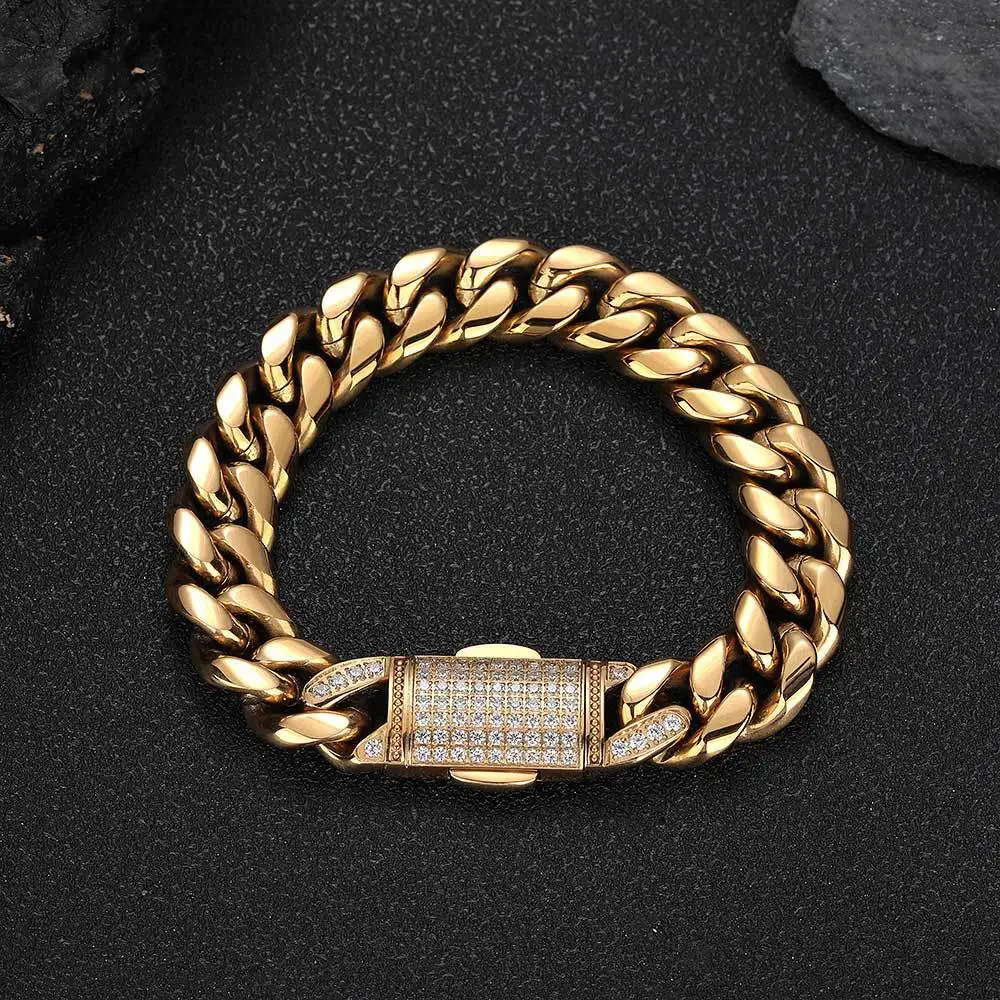 

Popular Stainless Steel Cuban Chain Full Diamond Button Head 18K Real Gold Electroplating Personalized Hip-hop Men's Bracelet