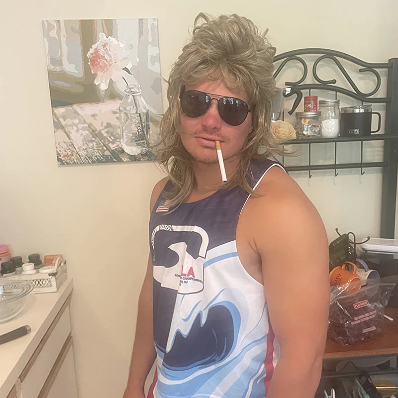 Men's 70s-80s Mullet Wig – Long Curly Cosplay Hair for Disco & Themed Parties