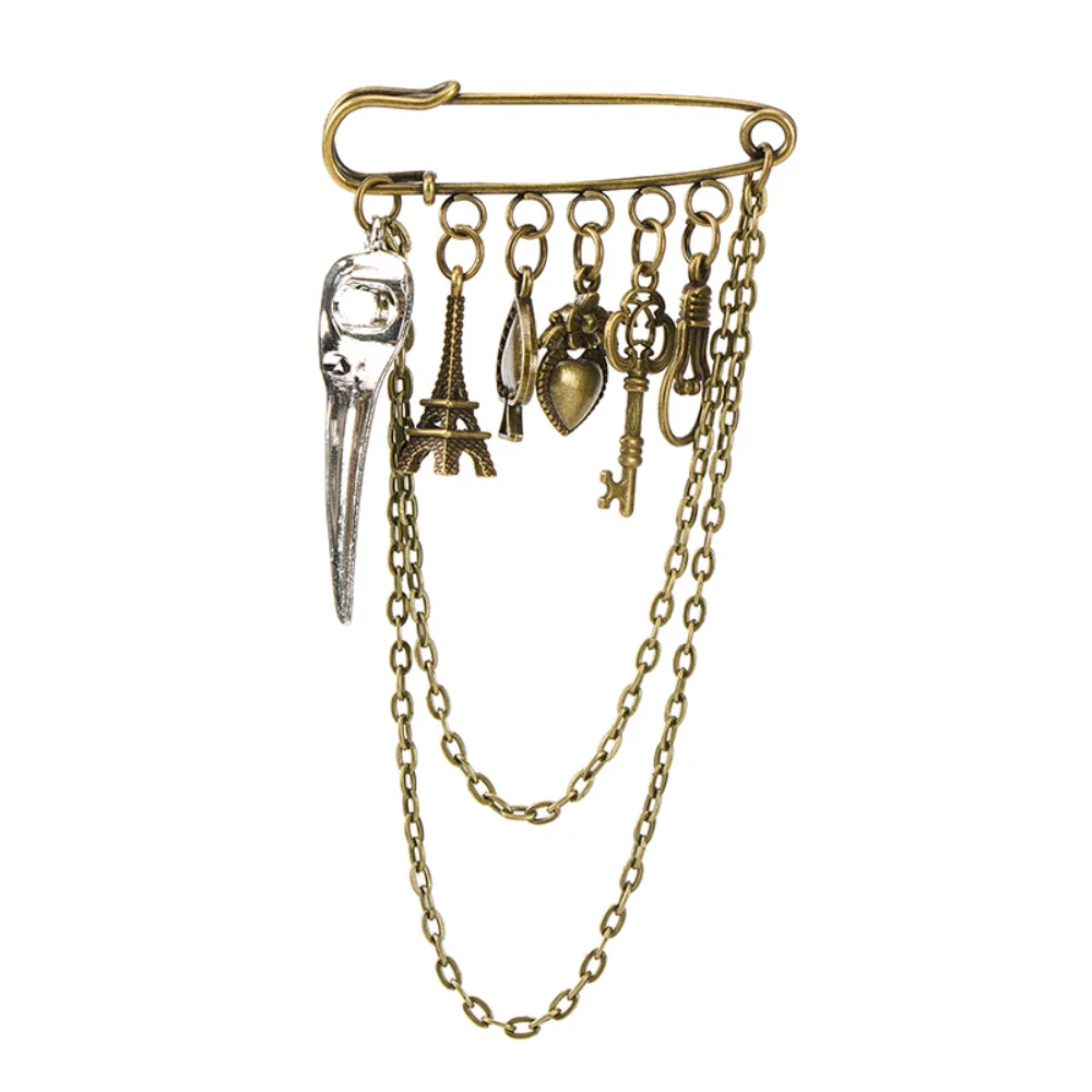 Retro Dark Skeleton Iron Tower Key Pendant Chain Brooch Punk Style Shirt Suit Personalized Pin Decoration Accessories