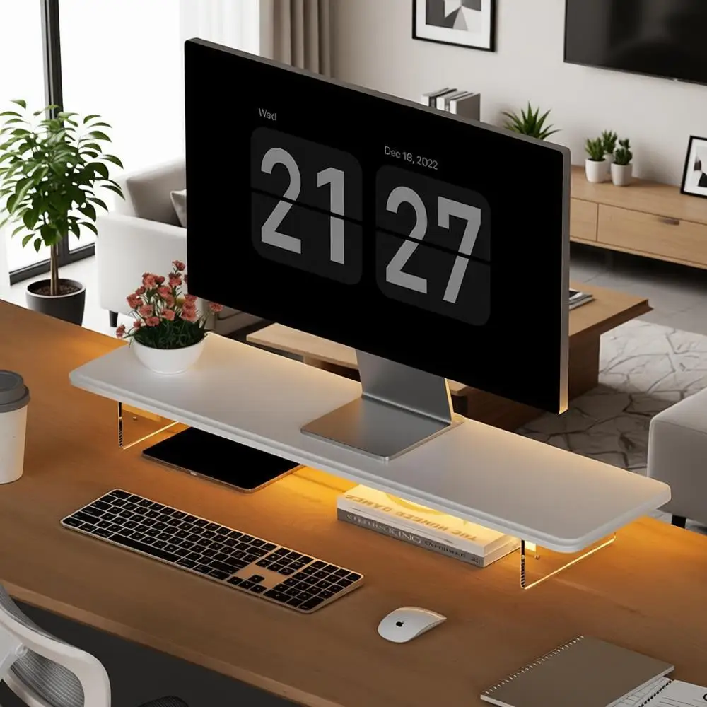 

Подставка для монитора из дерева с LED-подсветкой 31,5 дюйма, с регулируемыми ножками, органайзер для компьютера, ноутбука, принтера, ПК, телевизора - белая