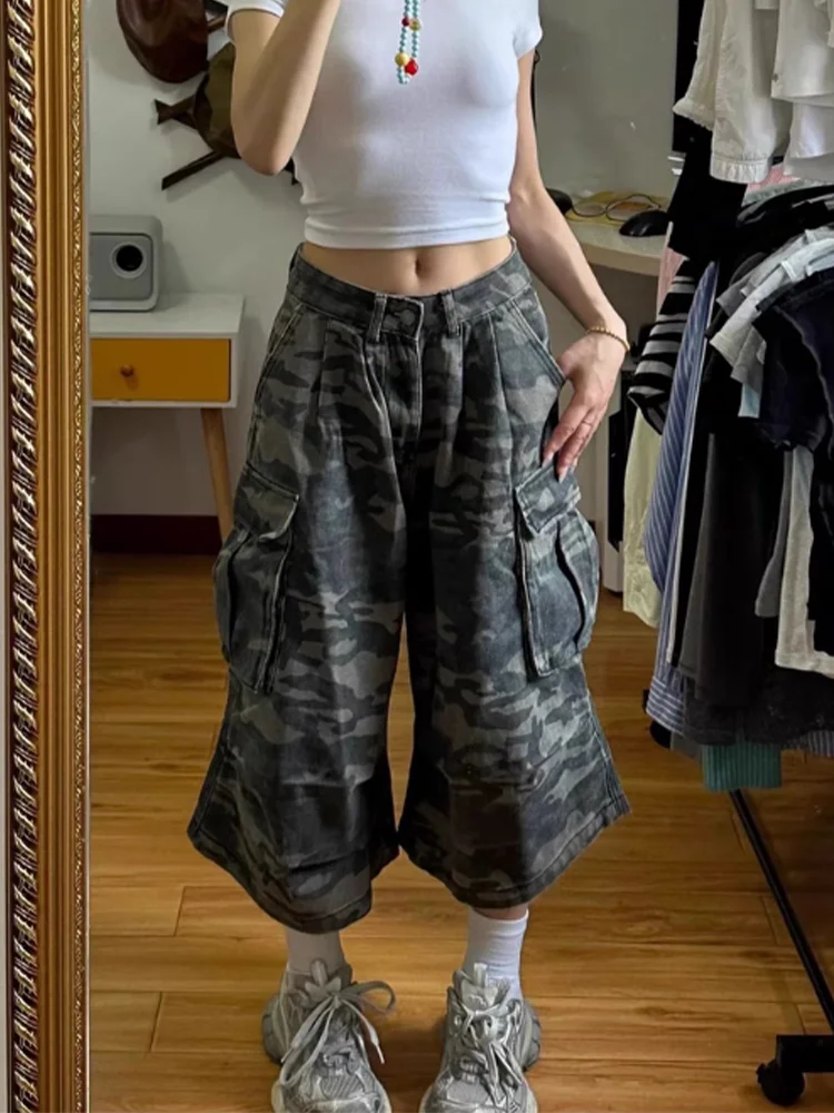 Short cargo vert pour femme, pantalon large, taille haute, rue haute, vêtements japonais, Y2K, Harajuku, années 2000