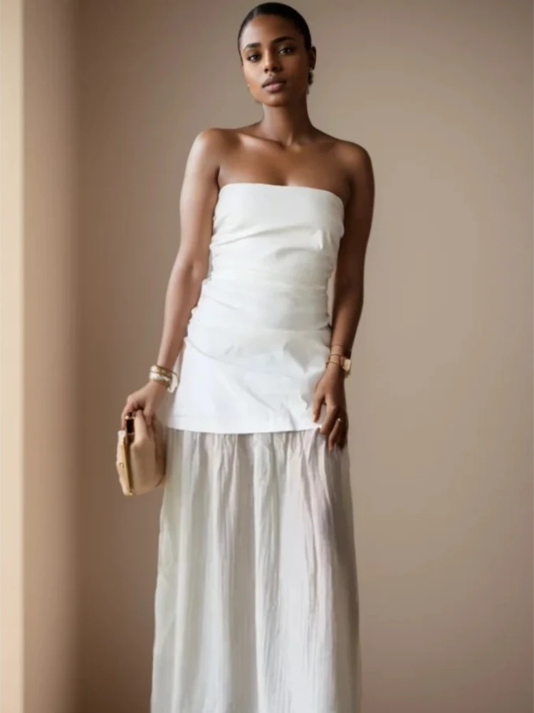

Fashion Women Strapless Midi Dress Summer Side Zipper Long White Beige Vacation Style Pleated Decorate Splice Long Dress elegant