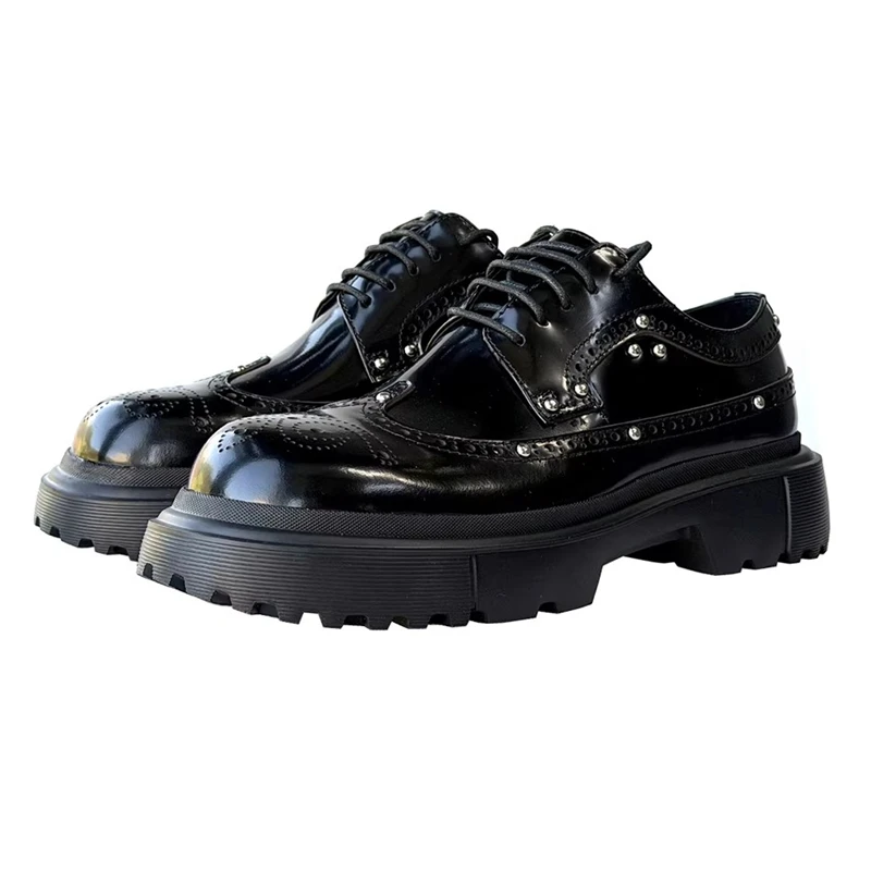 Leather flat men's shoes spring round toe rivet lace-up high-heeled rubber thick-sole leather shoes banquet large size men shoes