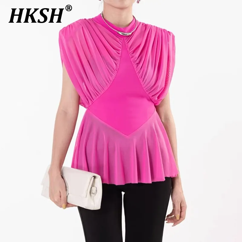 

HKSH Summer New Women Chic High Street French Light Luxury O-Neck Pleated Patchwork Ruffles Sleeveless Blouse Casual Tops HK5989