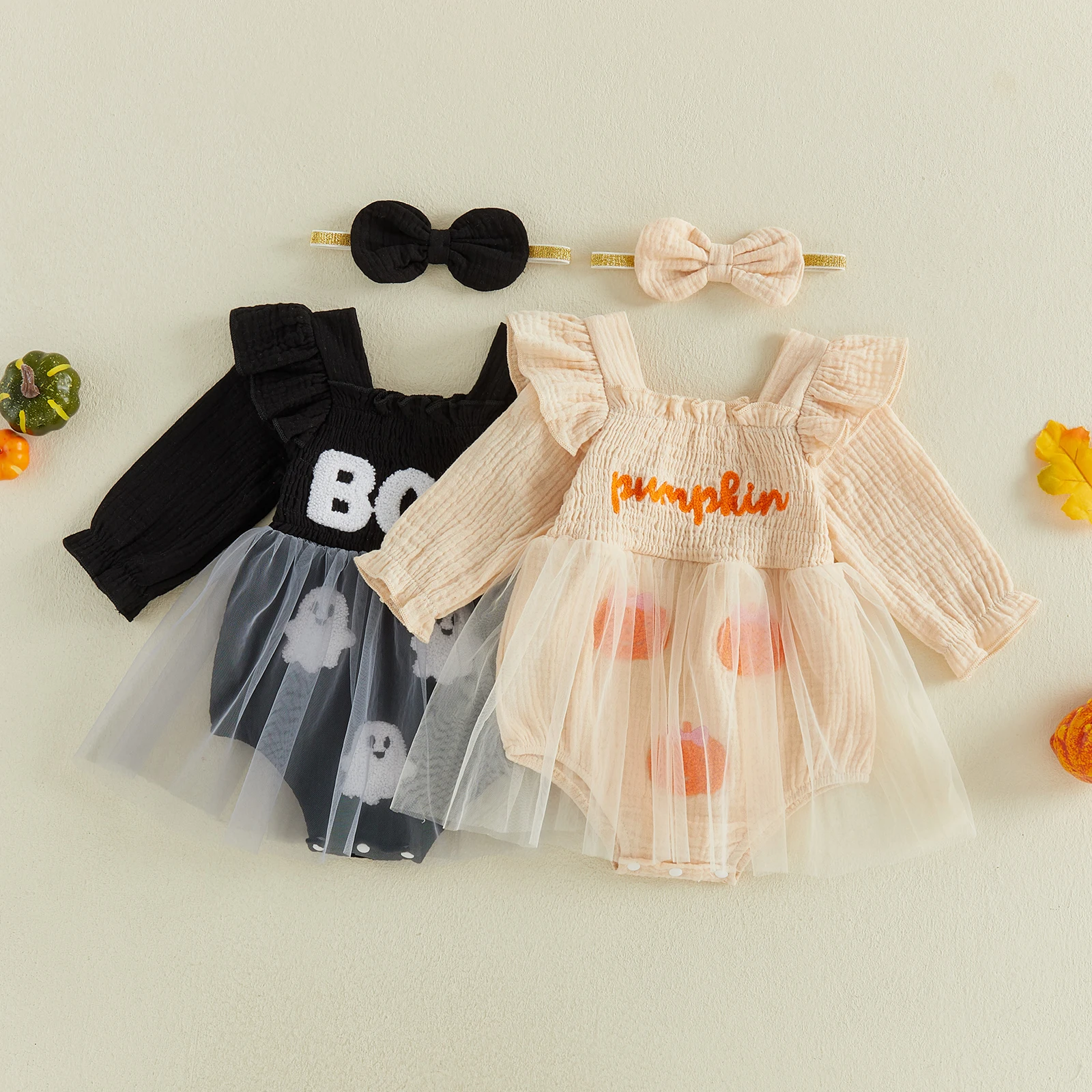 Baby Girl Halloween Outfits Pumpkin Letter Long Sleeve Smocked Bubble Mesh Romper Dress Bow Headband 2 Piece Fall Set