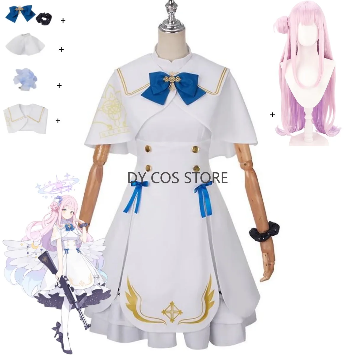 

Game Blue Archive Misono Mika Cosplay Costume White Wedding Dress Feather Wings Princess Skirt Wig Woman Cute Christmas Suit
