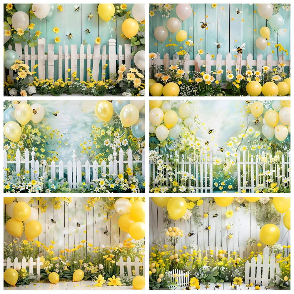 

Newborn Ballons Photography Backdrops Garden White Fence Bees Sunflowers Wooden Floor Baby 1st Birthday Photo Background Studio