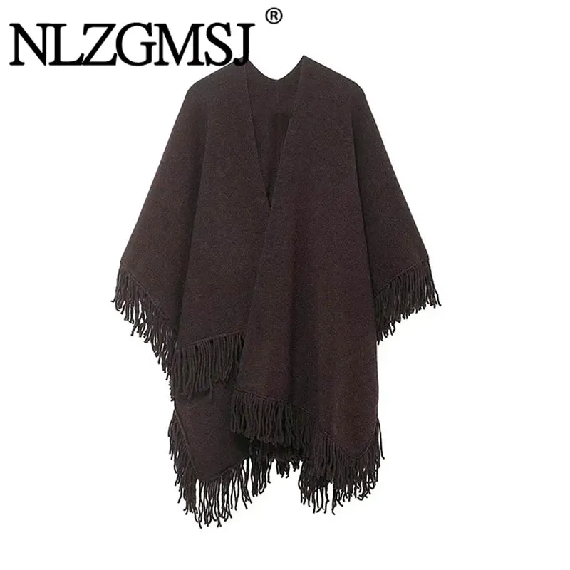 

NLZGMSJ 2025 осенний вязаный плащ с кисточками, куртки для женщин, новинка, пальто-накидка, уличная одежда, повседневная куртка-пончо, новая верхняя одежда ﻿