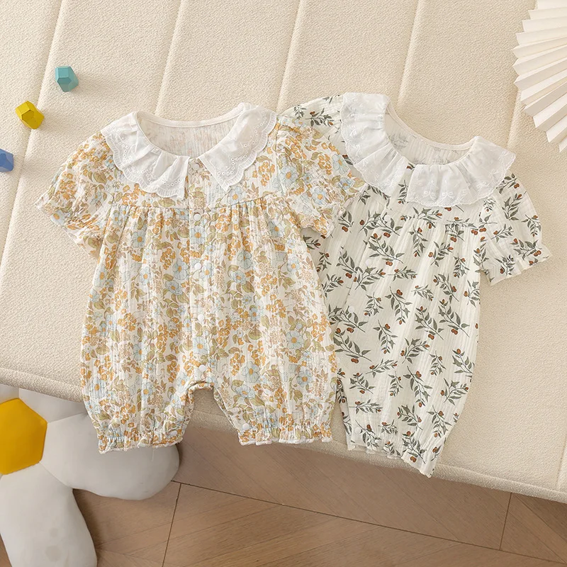 0 - 2 Y 新生児屋外服愛らしい赤ちゃん女の子綿半袖ロンパースレース人形の襟付きキュートで柔らかい生地