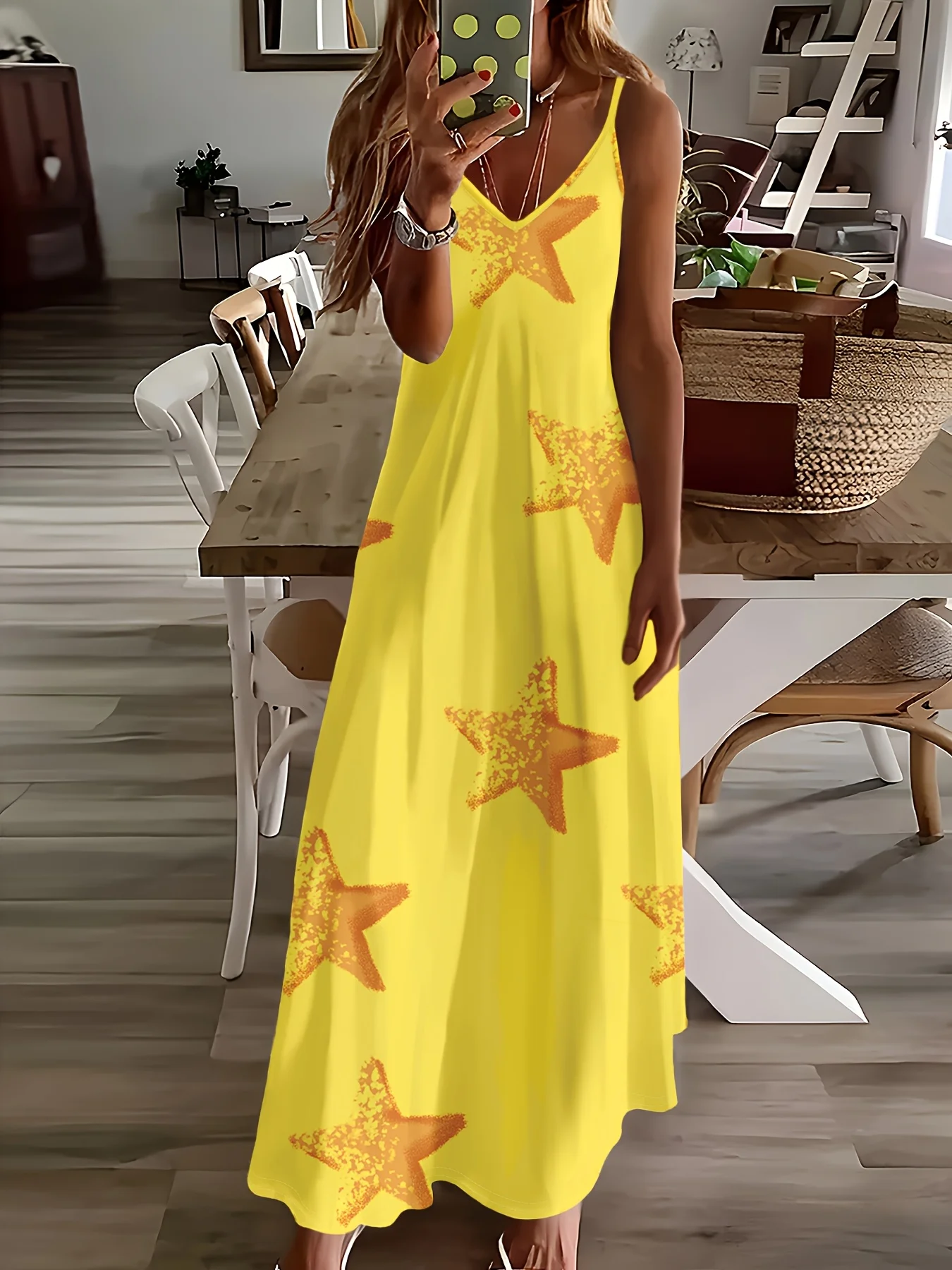 Langärmliges Freizeitkleid für Damen mit Sternenmuster, minimalistisches Design, fließendes A-Linien-Kleid, elastische Taille, Sommer- und Herbstmode