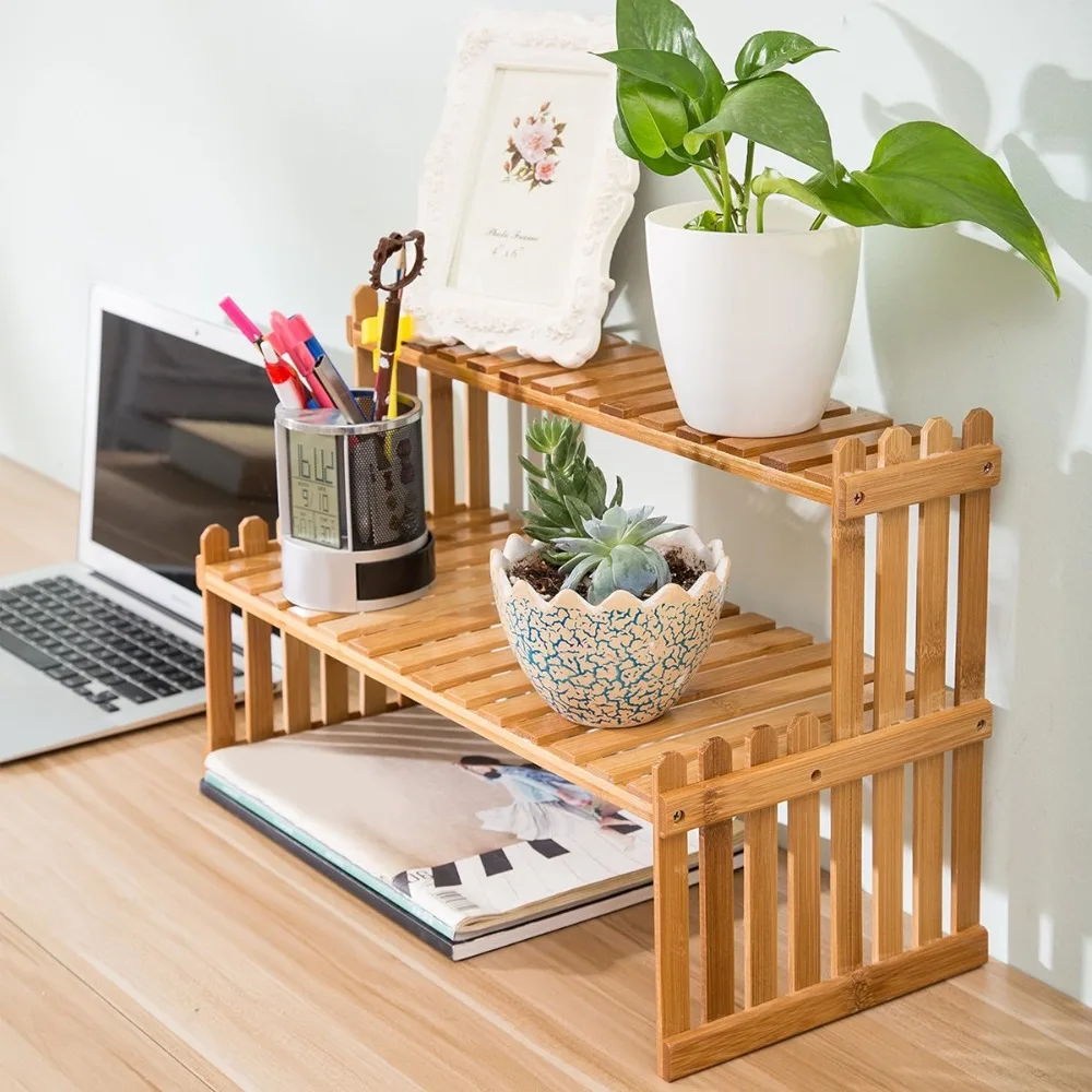 2 Tiers Bamboo Plant Stand Shelf Patio Plants Display Shelf  for Home Kitchen Storage Balcony Office Small Flowers Bamboo Rack