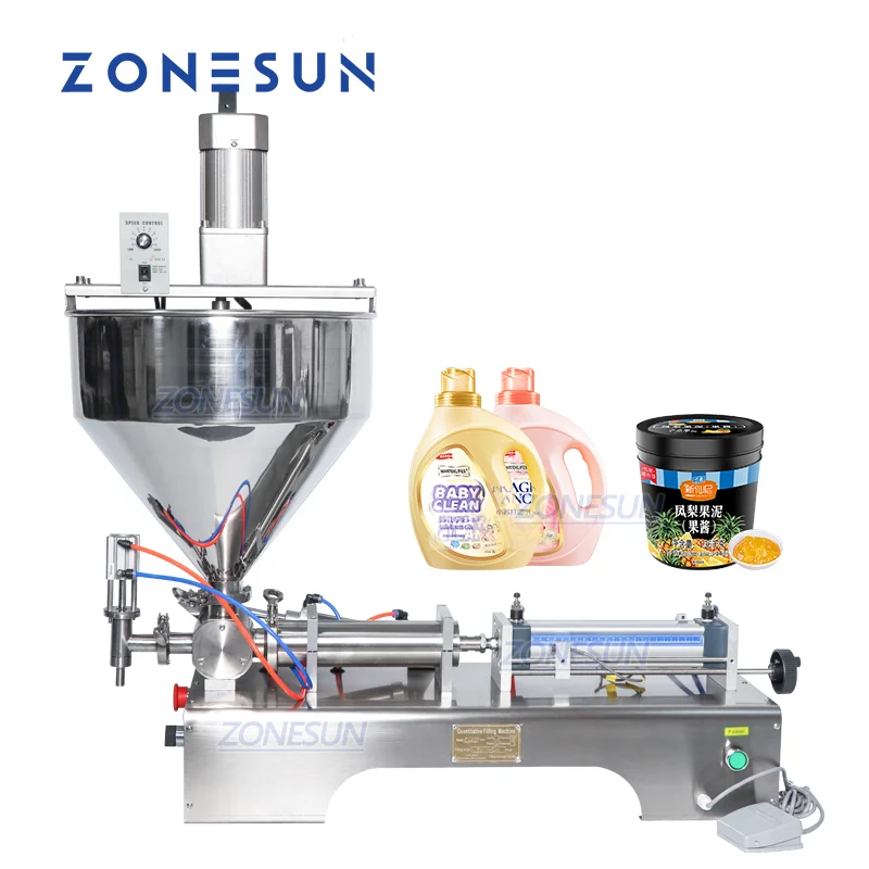 ZONESUN Paste Filling Machine with Mixer Anti-sinking Filler for Viscous Fluid Ketchup Sesame Sauce Jam Salad Dressing Packaging