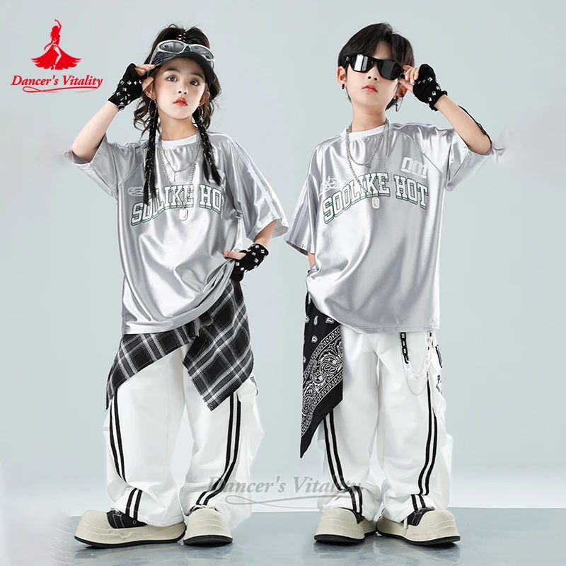 

Серебряная футболка в стиле хип-хоп Perform&Training&Contest + брюки + украшение на пояс + браслет, модный комплект из 4 предметов, жизненность танцора