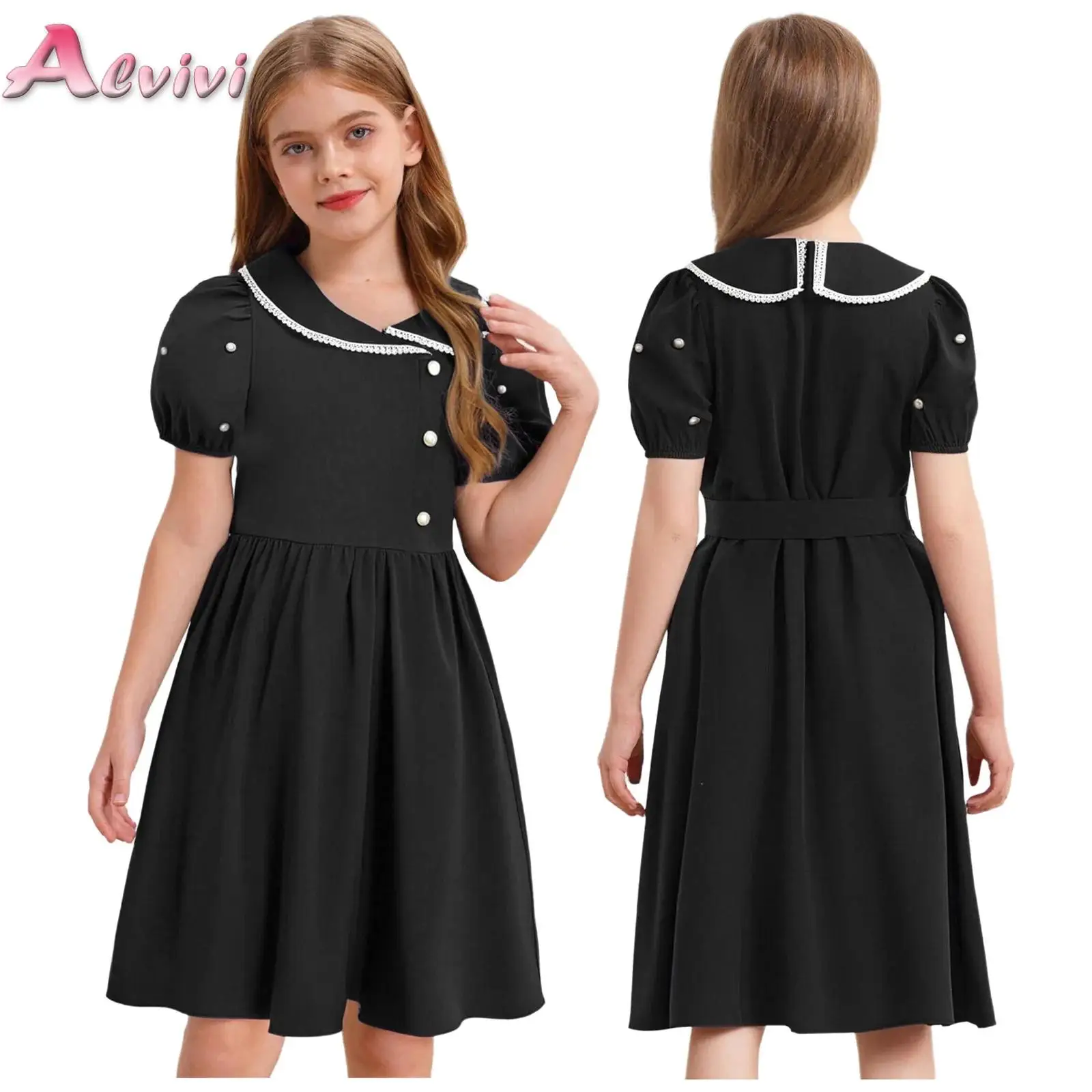 

Kids Girls School Uniform Lace Trim Turn-Down Collar Artificial Pearls Short-Sleeve Belted Dress Summer New Princess Clothes