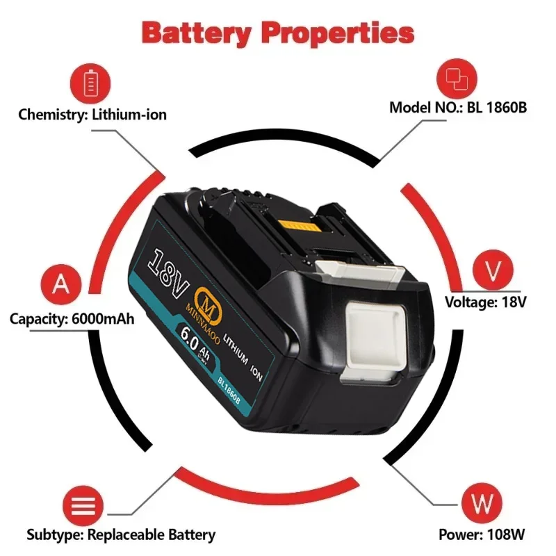 New 18V 6.0Ah Rechargeable Battery, For Makita Drill DGA404 DTW700 DHR202 DJV182 DDF487 Power Tool Battery, for Makita Battery