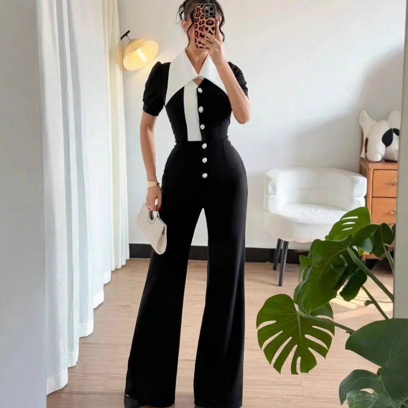 

DSMTRC Short Sleeve Elegant Contrast Color Jumpsuits for Women Overalls New Patchwork Turn-down Collar High Waist Skinny Rompers