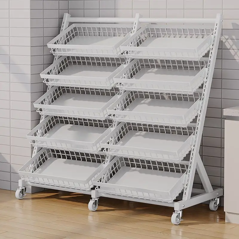 Multi Tier Storage Rack with Wheels Rolling Supermarket Display Shelf Metal Basket Organizer Cart for Kitchen Store Space Saving