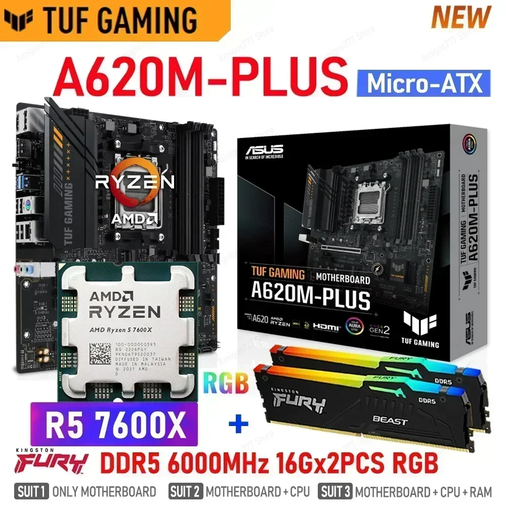 Placa-mãe Asus TUF Gaming, CPU AMD AM5 R5 7600X, Placa-mãe A620M Plus, Memória DDR5, 6000MHz, 32GB, Gamer DIY, Kit Ryzen, Novo