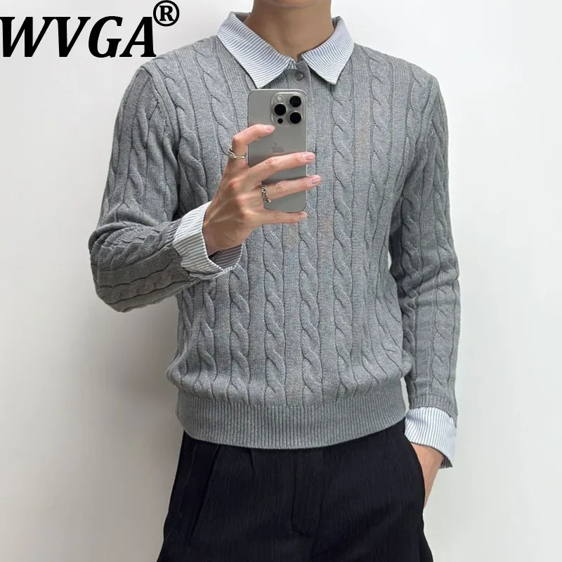 

WVGA Spring Autumn New Man Tide High Street Fake Two-Piece Trendy Tops Niche Chic Casual Patchwork Cable Knit Sweater Ins W12682