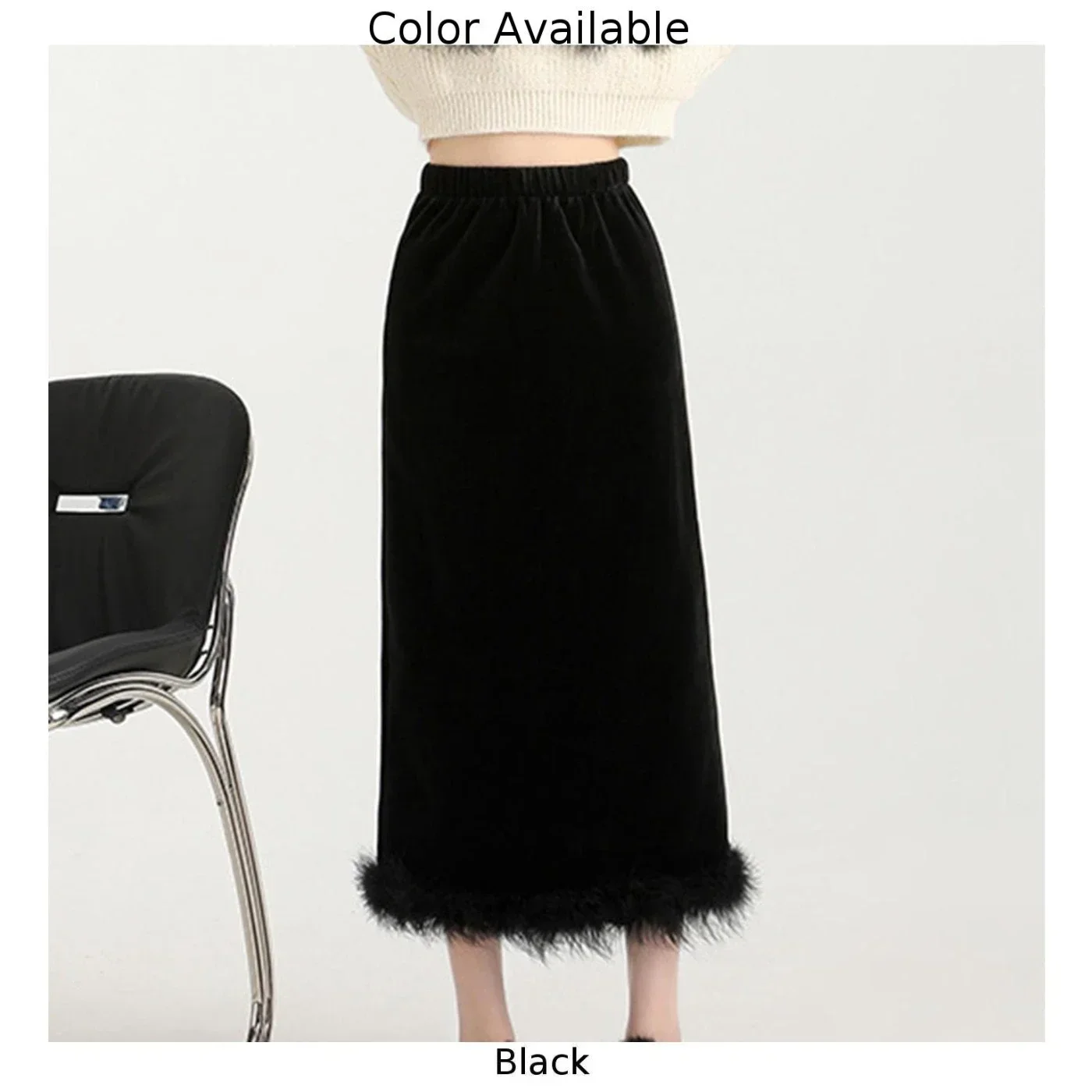 Club Wear Daily Fashion Feather Velvet Skirt Elegant Slit Skirt Casual Vacation Wear For Women Holiday Attire Black