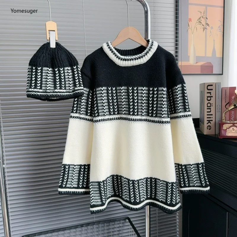 

Yomesugar Autumn Color Block Jacquard Pullover Sweater with Hat Women Round Neck Full Sleeve Oversized Knitwear Streetwear