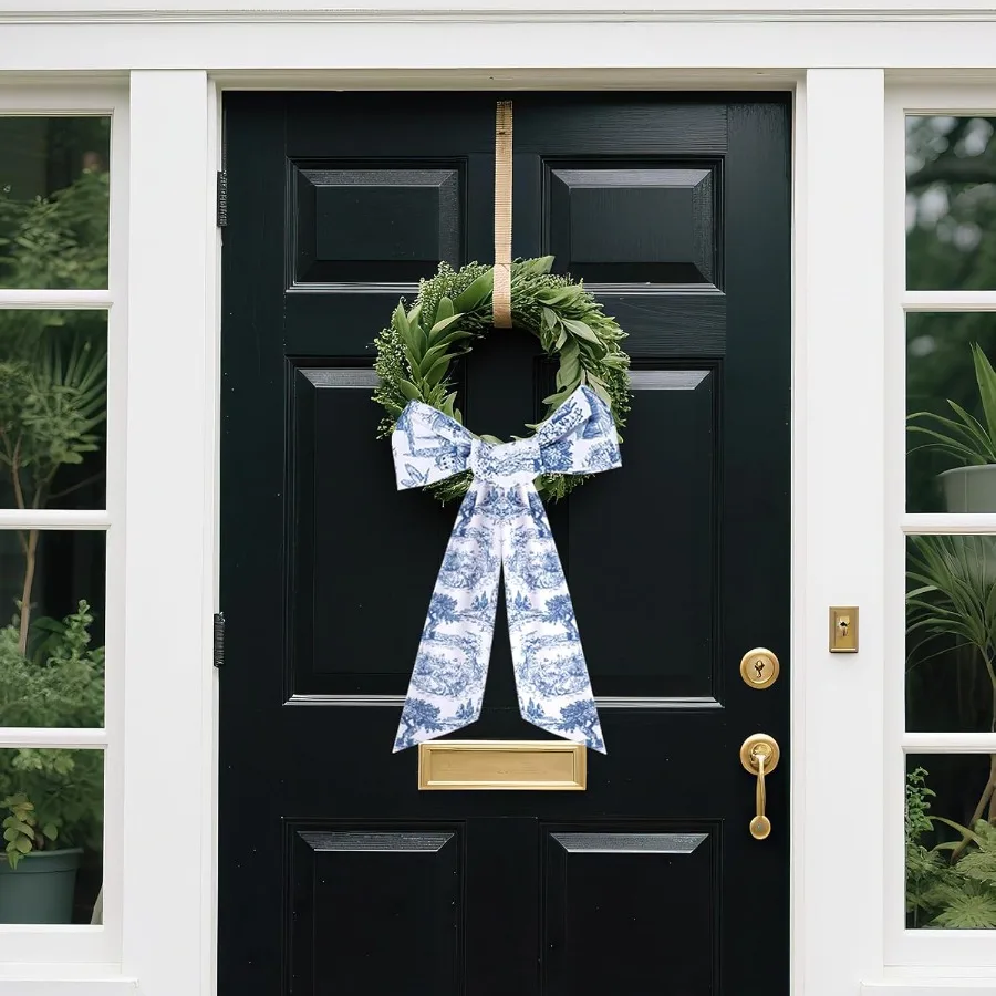 Blue Freh Toile Sash for Wreaths 2 Pcs Rustic Wreath Sashes for Front Door Kitchen Cabinet Wreath Sash for Monogram Embroidery