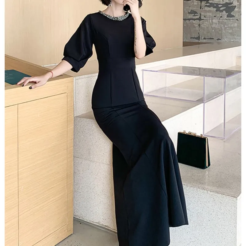 Black femininity light luxury minority party temperament will host fishtail thin long dress