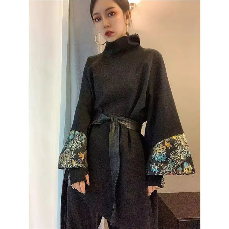 

Chinese Style High Collar Black Long Sweatshirt Women Loose Fit Casual Long Sleeve Print Tang Suit Pullover Tunic